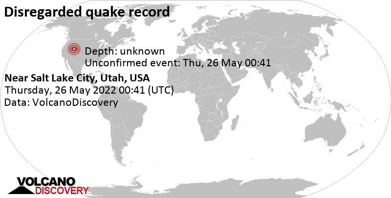 Unbekanntes (usrprünglich als Erdbeben) gemeldetes Ereignis: 3.6 km südwestlich von West Valley City, Salt Lake County, Utah, USA, am Mittwoch, 25. Mai 2022 um 18:41 Lokalzeit