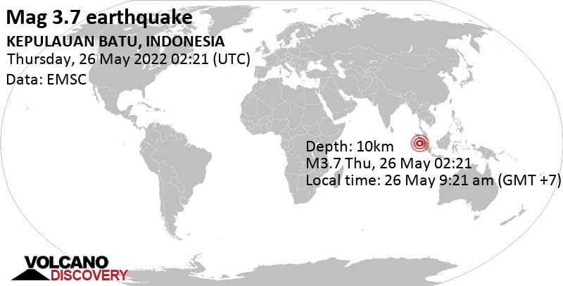 Слабое землетрясение маг. 3.7 - 194 km к западу от Pariaman, Sumatra Barat, Индонезия, Четверг, 26 мая 2022 09:21 (GMT +7)