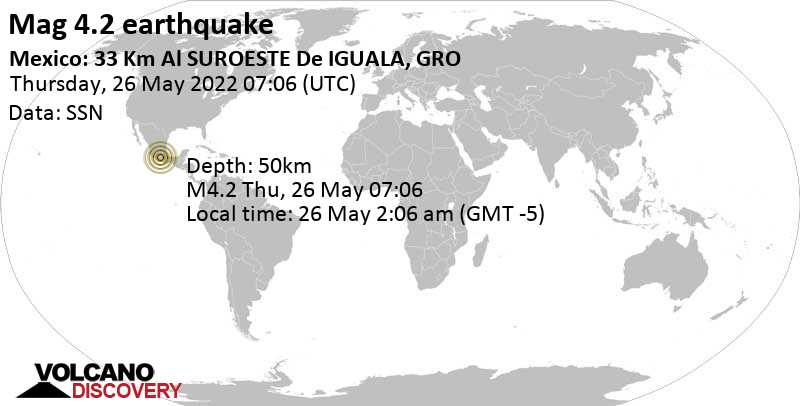 Séisme faible mag. 4.2 - 33 km au sud de Iguala de la Independencia, Guerrero, Mexique, jeudi, 26 mai 2022 02:06 (GMT -5)