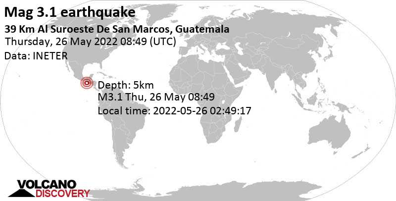 Terremoto leve mag. 3.1 - North Pacific Ocean, 39 km SSW of Ocos, Ocós, San Marcos, Guatemala, jueves, 26 may 2022 02:49 (GMT -6)