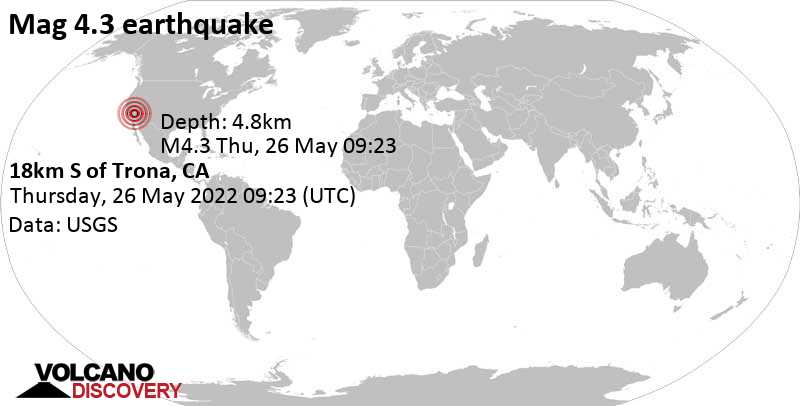 Moderates Erdbeben der Stärke 4.3 - 24 km östlich von Ridgecrest, Kern County, Kalifornien, USA, am Donnerstag, 26. Mai 2022 um 02:23 Lokalzeit
