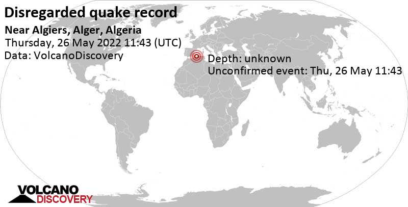 Άγνωστο γεγονός (αναφέρθηκε αρχικά ως σεισμός): 13 km βορειοδυτικά από Αλγέρι, Alger, Αλγερία, Πέμπτη, 26 Μαΐ 2022 12:43 (GMT +1)