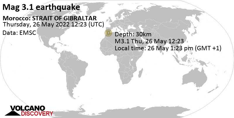 Weak mag. 3.1 earthquake - Alboran Sea, 28 km northwest of Al Hoceima, Morocco, on Thursday, May 26, 2022 at 1:23 pm (GMT +1)