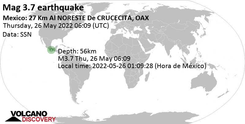 Sismo debile mag. 3.7 - 26 km a nord est da Crucecita, Santa Maria Huatulco, Oaxaca, Messico, giovedì, 26 mag 2022 01:09 (GMT -5)
