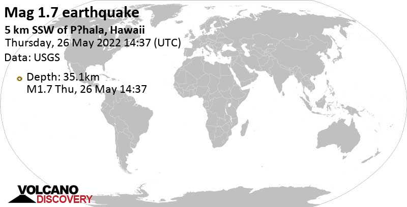 Sismo muy débil mag. 1.8 - 5 Km SSW of Pāhala, Hawaii, jueves, 26 may 2022 04:37 (GMT -10)