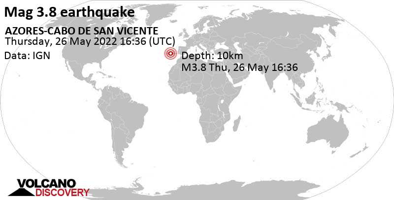 Light mag. 3.8 earthquake - North Atlantic Ocean on Thursday, May 26, 2022 at 3:36 pm (GMT -1)