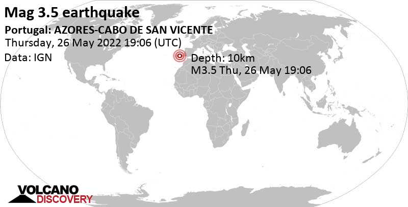 Слабое землетрясение маг. 3.5 - North Atlantic Ocean, Португалия, Четверг, 26 мая 2022 18:06 (GMT -1)
