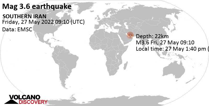 Terremoto leve mag. 3.6 - 55 km W of Bandar Abbas, Hormozgan, Iran, viernes, 27 may 2022 13:40 (GMT +4:30)