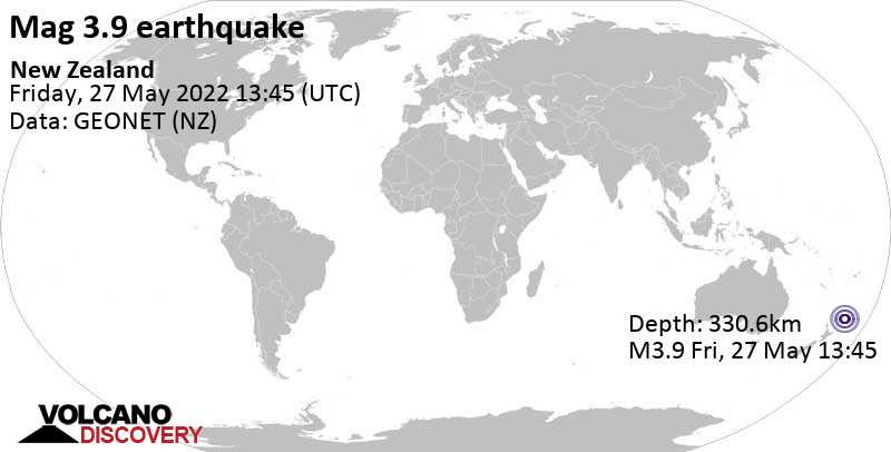 Sehr schwaches Beben Stärke 3.9 - South Pacific Ocean, Neuseeland, am Samstag, 28. Mai 2022 um 01:45 Lokalzeit