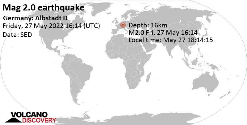 Незначительное землетрясение маг. 2.0 - 6.1 km к северу от Альбштадт, Германия, Пятница, 27 мая 2022 18:14 (GMT +2)