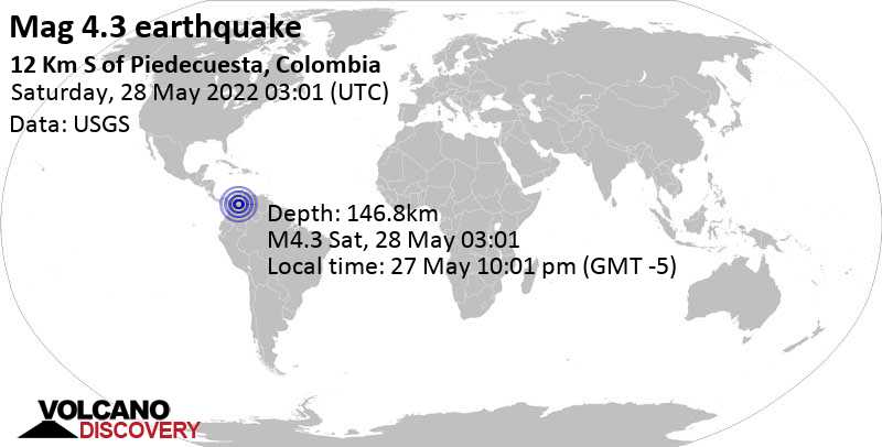 Light mag. 4.3 earthquake - 28 km south of Bucaramanga, Santander, Colombia, on Friday, May 27, 2022 at 10:01 pm (GMT -5)