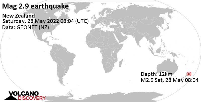 Weak mag. 2.9 earthquake - South Pacific Ocean, New Zealand, on Saturday, May 28, 2022 at 8:04 pm (GMT +12)