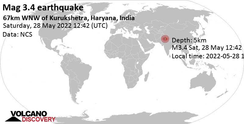Слабое землетрясение маг. 3.4 - 25 km к юго-западу от Патьяла, Индия, Суббота, 28 мая 2022 18:12 (GMT +5:30)