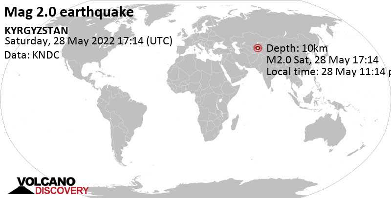 Незначительное землетрясение маг. 2.0 - 30 km к востоку от Таш-Кумыр, Киргизия, Суббота, 28 мая 2022 23:14 (GMT +6)