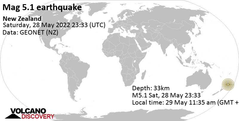 Moderate mag. 5.1 earthquake - Bay of Plenty, New Zealand, on Sunday, May 29, 2022 at 11:33 am (GMT +12)