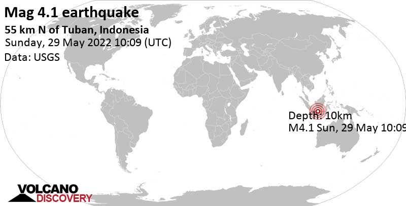 Moderate mag. 4.1 earthquake - Java Sea, 55 km north of Tuban, East Java, Indonesia, on Sunday, May 29, 2022 at 5:09 pm (GMT +7)
