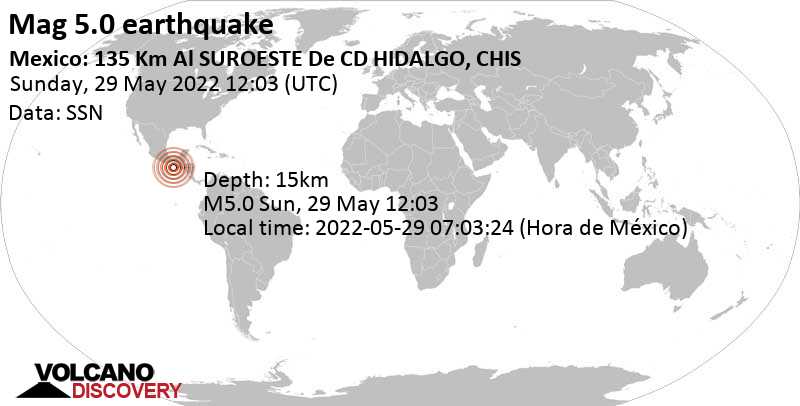 Fuerte terremoto magnitud 5.0 - North Pacific Ocean, 115 km SW of Puerto Madero, Tapachula, Chiapas, Mexico, domingo, 29 may 2022 06:03 (GMT -6)