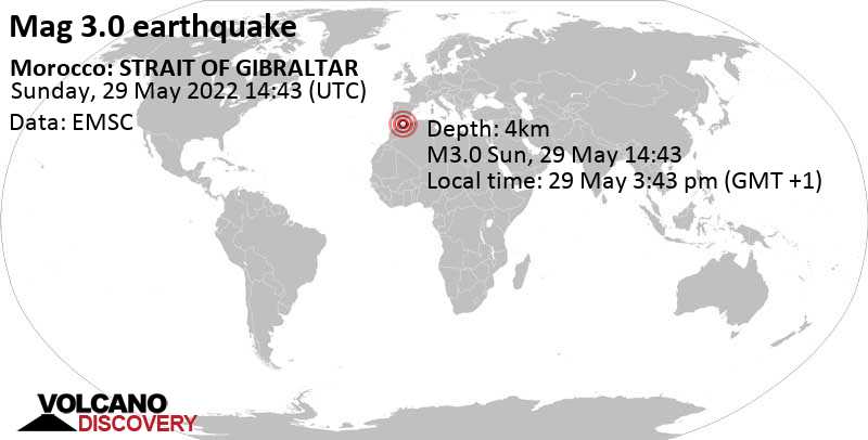 Terremoto leve mag. 3.0 - 11 km WSW of Al Hoceima, Al-Hoceima, Tanger-Tetouan-Al Hoceima, Morocco, domingo, 29 may 2022 15:43 (GMT +1)