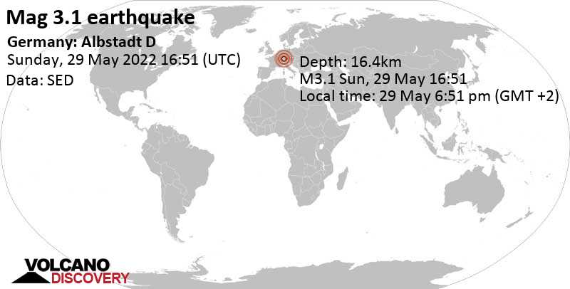 Weak mag. 3.1 earthquake - 3.3 km northwest of Albstadt, Tuebingen, Baden-Württemberg, Germany, on Sunday, May 29, 2022 at 6:51 pm (GMT +2)
