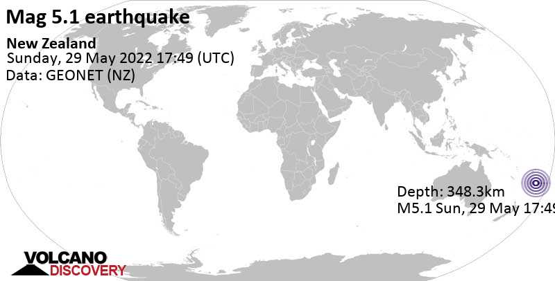 Terremoto moderado mag. 5.1 - South Pacific Ocean, lunes, 30 may 2022 06:49 (GMT +13)
