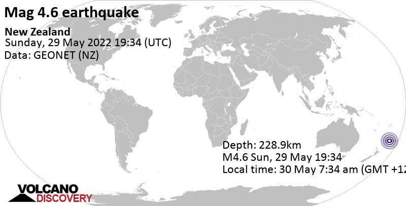 Séisme faible mag. 4.6 - South Pacific Ocean, Nouvelle-Zélande, lundi, 30 mai 2022 07:34 (GMT +12)
