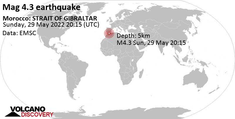 Moderate mag. 4.3 earthquake - Alboran Sea, 39 km northeast of Al Hoceima, Morocco, on Sunday, May 29, 2022 at 9:15 pm (GMT +1)