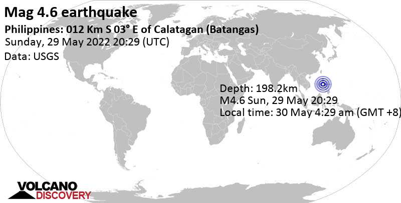 Ελαφρύς σεισμός μεγέθους 4.6 - South China Sea, 31 km δυτικά από Batangas, Φιλιππίνες, Δευτέρα, 30 Μαΐ 2022 04:29 (GMT +8)