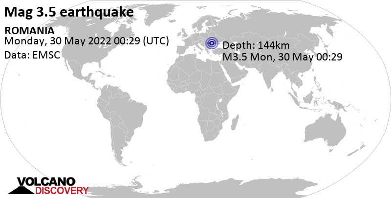 Minor mag. 3.5 earthquake - 59 km northwest of Buzau, Municipiul Buzău, Romania, on Monday, May 30, 2022 at 3:29 am (GMT +3)