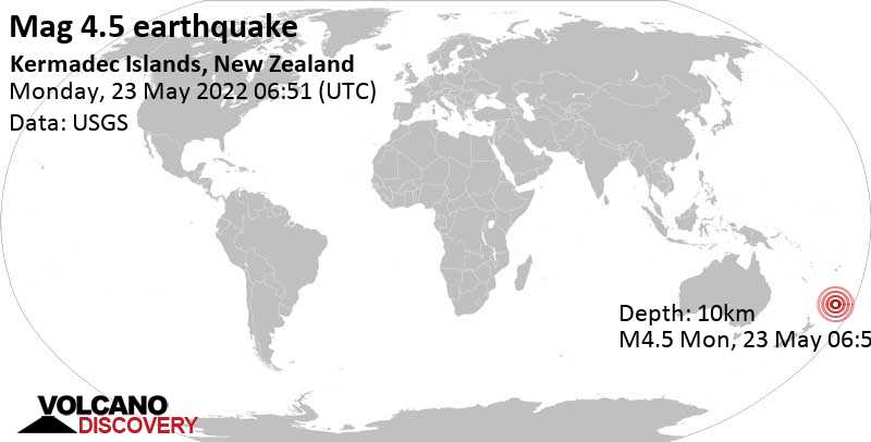 Moderate mag. 4.5 earthquake - South Pacific Ocean, New Zealand, on Monday, May 23, 2022 at 06:51 GMT