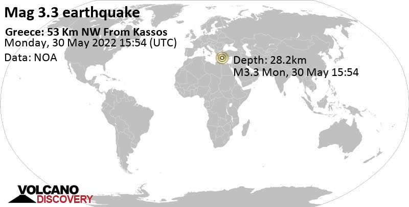 Weak mag. 3.3 earthquake - Aegean Sea, 69 km northeast of Sitia, Lasithi, Crete, Greece, on Monday, May 30, 2022 at 6:54 pm (GMT +3)