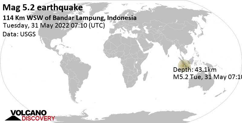 Μέτριος σεισμός μεγέθους 5.2 - Indian Ocean, 114 km νοτιοδυτικά από Bandar Lampung, Ινδονησία, Τρίτη, 31 Μαΐ 2022 14:10 (GMT +7)
