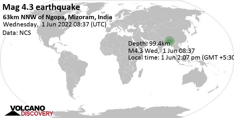 Light mag. 4.3 earthquake - 26 km northeast of Kolasib, Mizoram, India, on Wednesday, Jun 1, 2022 at 2:07 pm (GMT +5:30)