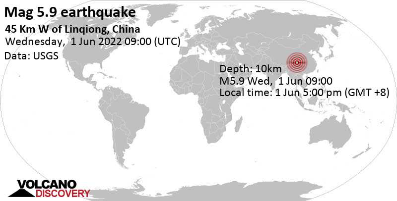 Tremblement de terre fort magnitude 5.9 - 45 km à l\'ouest de Linqiong, Province de Sichuan, Chine, mercredi,  1 juin 2022 17:00 (GMT +8)