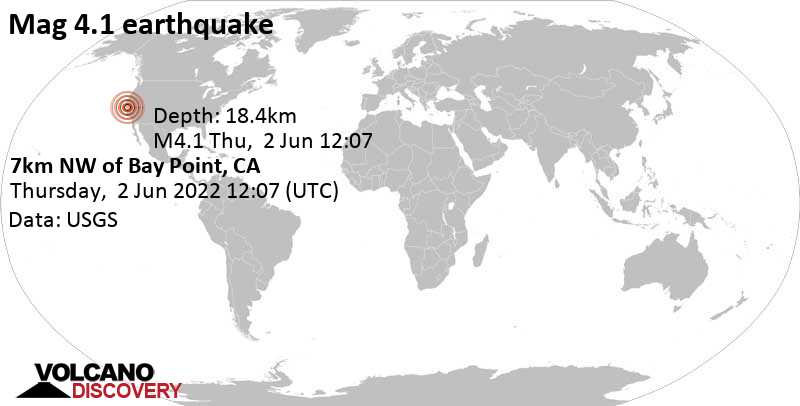 Ελαφρύς σεισμός μεγέθους 4.1 - 11 km βόρεια από Concord, Contra Costa County, Καλιφόρνια, Ηνωμένες Πολιτείες, Πέμπτη,  2 Ιου 2022 05:07 (GMT -7)