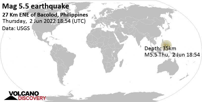 Tremblement de terre fort magnitude 5.5 - Philippine Sea, 35 km à l\'est de Tandag, Philippines, vendredi,  3 juin 2022 02:54 (GMT +8)