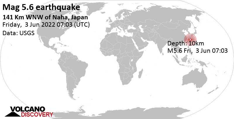 Starkes Beben der Stärke 5.6 - East China Sea, 142 km nordwestlich von Naha, Präfektur Okinawa, Japan, am Freitag,  3. Jun 2022 um 16:03 Lokalzeit