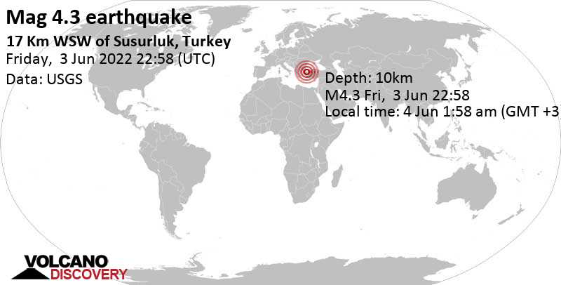 Moderates Erdbeben der Stärke 4.3 - 22 km nördlich von Balıkesir, Türkei, am Samstag,  4. Jun 2022 um 01:58 Lokalzeit