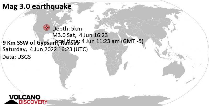 Слабое землетрясение маг. 3.0 - 26 km к юго-востоку от Салина, Салин County, Канзас, Соединенные Штаты, Суббота,  4 июн 2022 11:23 (GMT -5)