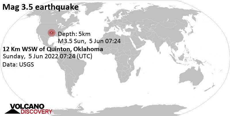 Light mag. 3.5 earthquake - 18 mi northeast of McAlester, Pittsburg County, Oklahoma, USA, on Sunday, Jun 5, 2022 at 2:24 am (GMT -5)