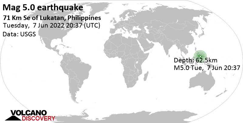 Terremoto moderato mag. 5.0 - Philippine Sea, 88 km a sud-est da Mati, Province of Davao Oriental, Filippine, mercoledì,  8 giu 2022 04:37 (GMT +8)