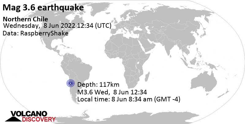 Minor mag. 3.6 earthquake - 117 km east of Copiapo, Atacama, Chile, on Wednesday, Jun 8, 2022 at 8:34 am (GMT -4)