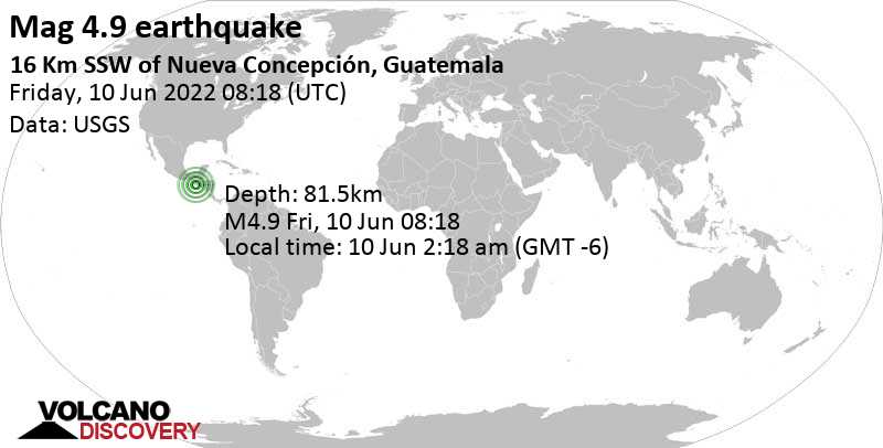 Leichtes Erdbeben der Stärke 4.9 - 46 km südwestlich von Santa Lucia Cotzumalguapa, Guatemala, am Freitag, 10. Jun 2022 um 02:18 Lokalzeit
