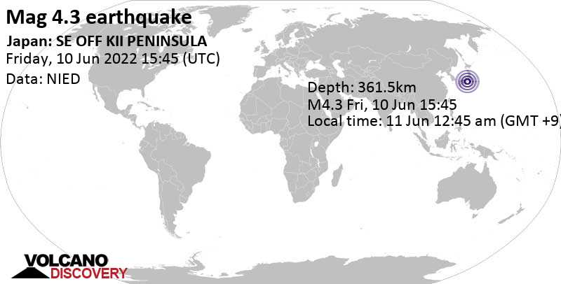 Terremoto leve mag. 4.3 - 29 km SE of Ise, Mie, Japan, sábado, 11 jun 2022 00:45 (GMT +9)