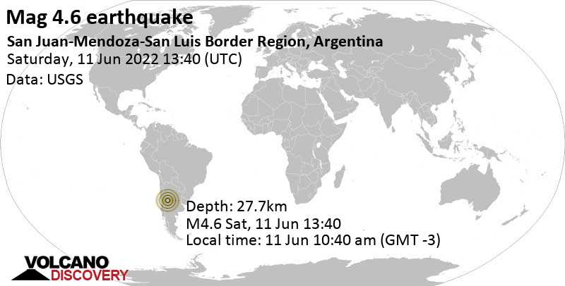 Magnitud moderada.  Terremoto de 4,6 - 131 km al noroeste de San Luis, Juan Martín de Pueyrredon, San Luis, Argentina, el sábado 11 de junio de 2022 a las 10:40 am (GMT -3)