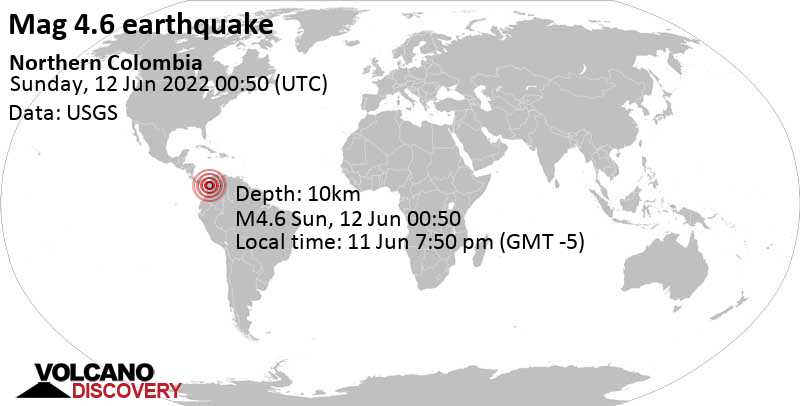 Terremoto moderado mag. 4.6 - 98 km NW of Medellin, Antioquia, Colombia, sábado, 11 jun 2022 19:50 (GMT -5)