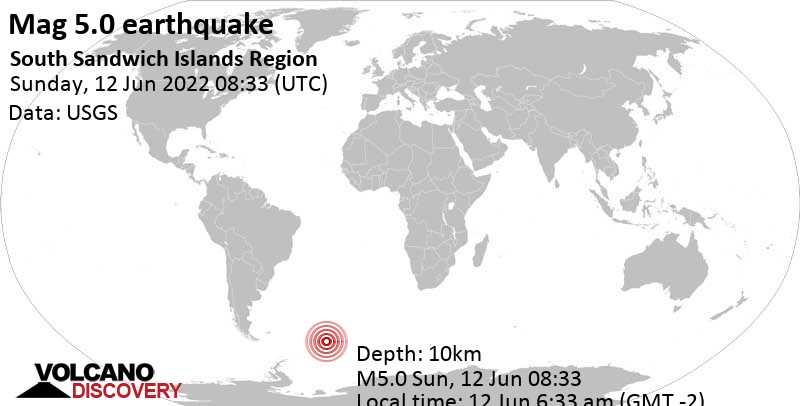 Tremblement de terre fort magnitude 5.0 - South Atlantic Ocean, Géorgie du Sud et îles Sandwich du Sud, dimanche, 12 juin 2022 06:33 (GMT -2)