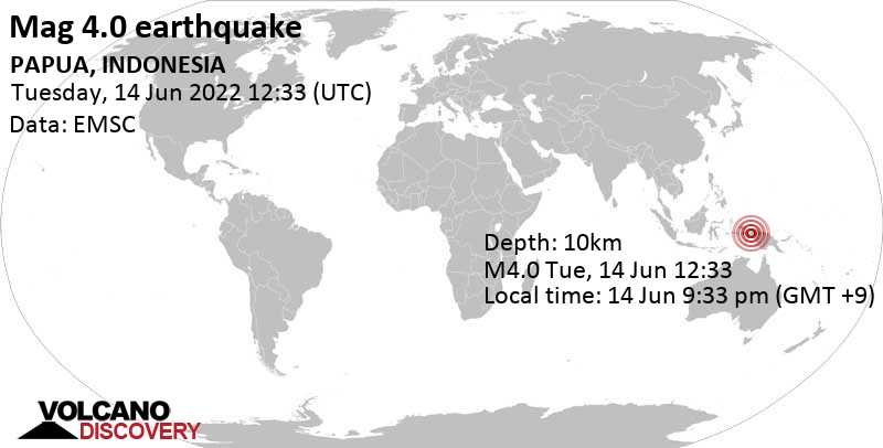 Séisme modéré mag. 4.0 - 85 km à l\'est de Nabire, Papua, Indonésie, mardi, 14 juin 2022 21:33 (GMT +9)
