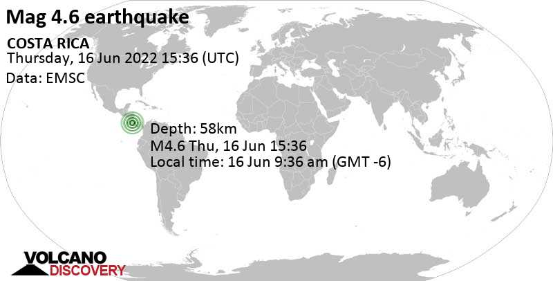 Light mag. 4.6 earthquake - Provincia de Alajuela, 33 km west of San Jose, San José, Costa Rica, on Thursday, Jun 16, 2022 at 9:36 am (GMT -6)