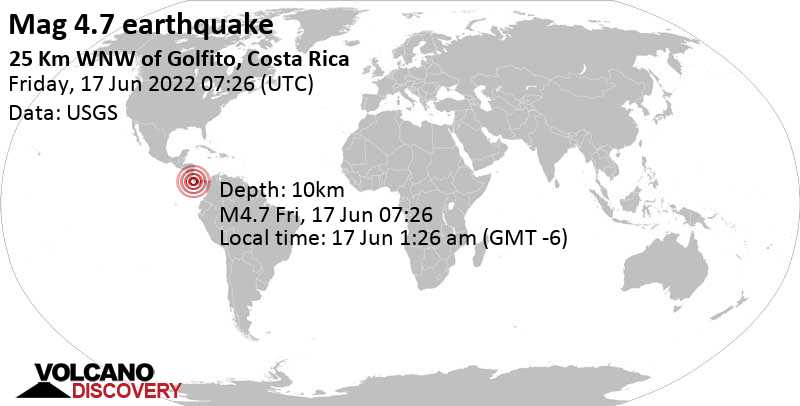 Magnitud moderada.  Terremoto de 4.7 - 87 km al sureste de San Isidro, Costa Rica, viernes 17 de junio de 2022 a las 13:16 (GMT-6)
