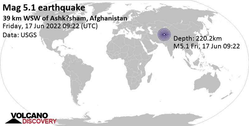 Moderates Erdbeben der Stärke 5.1 - 84 km südöstlich von Faizabad, Faīẕābād, Badakhshan, Afghanistan, am Freitag, 17. Jun 2022 um 13:52 Lokalzeit